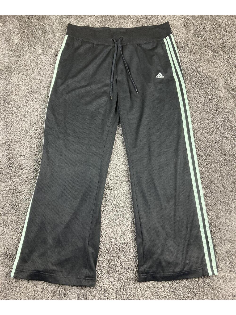 Adidas Women'sTrack Pants Black Mint Green 3-Stripe Straight Leg Sz L